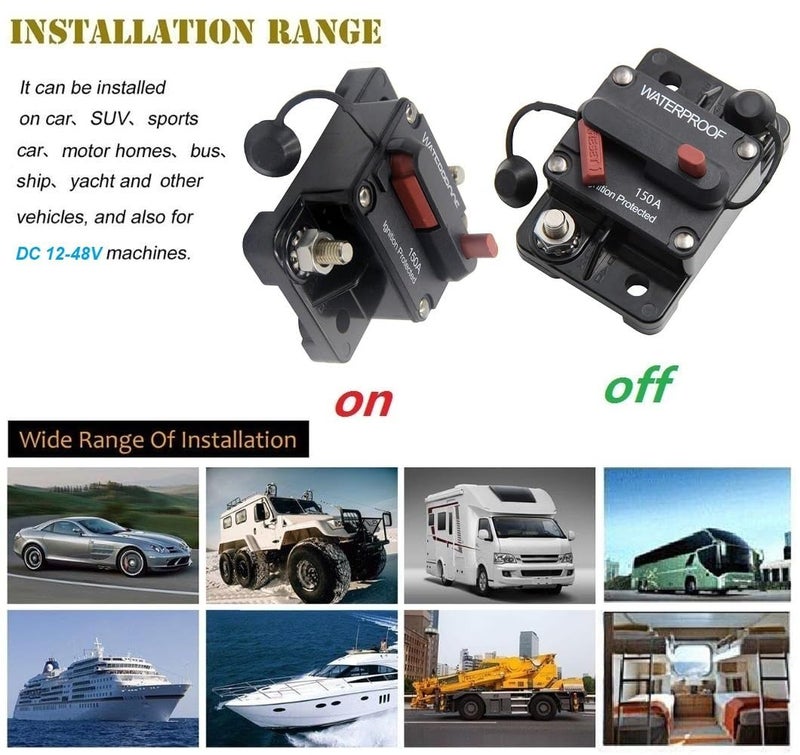 ANJOSHI 150 Amp Circuit Breaker 30A-300A with Manual Reset Waterproof Inline Fuse Inverter for Marine Trolling Motors Boat ATV Manual Power 12V-48VDC - Image 4